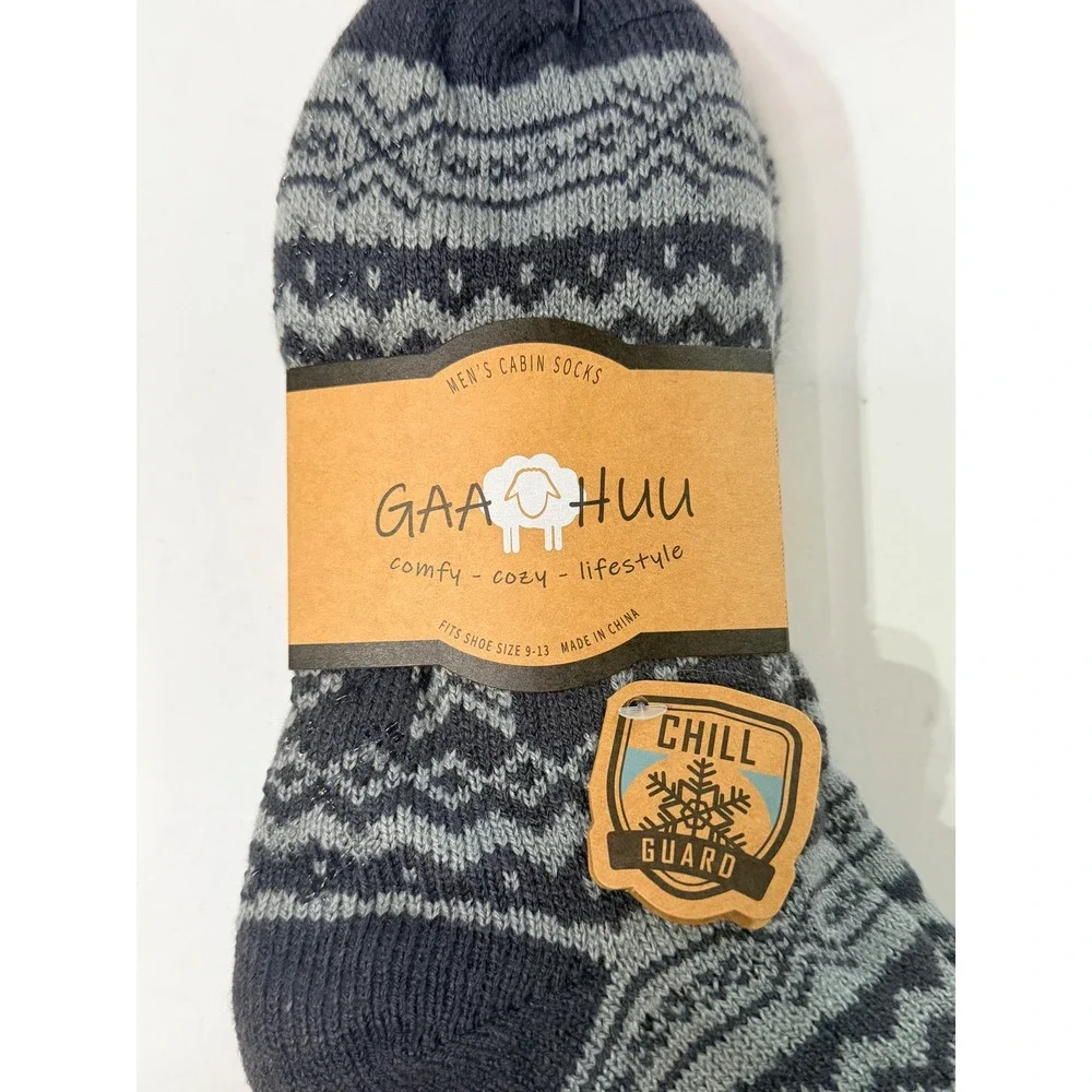 GAAHUU Mens Cabin Socks Fair Isle Gray Chill Guard Winter Cozy Socks Sz 9-13 NEW